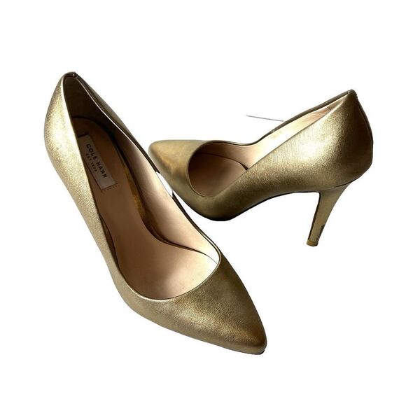 Cole Haan Slip On Ultra High Stiletto Heels Bronze Gold Classic Pump Women Sz 5B - Picture 1 of 11